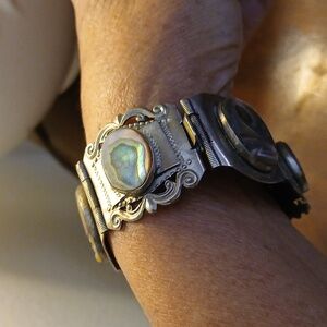 Vintage 1940s Taxco Sterling Silver & Abalone Links Panel Bracelet